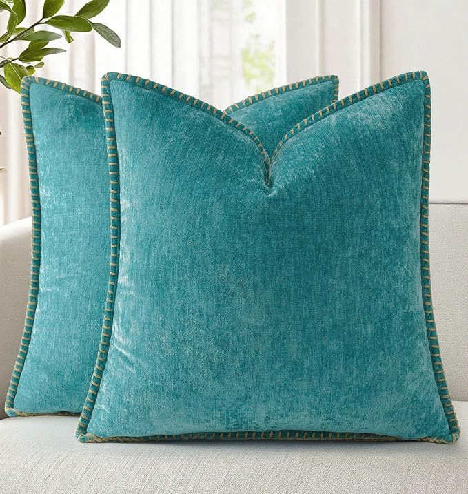 decorUhome Soft Chenille Throw Pillow Covers 24x24 Set of 2 Turquoise | Fall Textured Decorative Throw Pillow Cases Stitched Edge Modern Farmhouse Luxury Boho Velvet for Couch Sofa Bed Home Decor