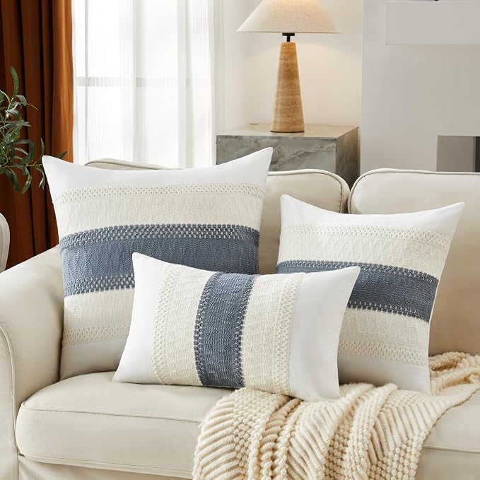 2pk Boho Pillow Covers 24x24, Natural White/Contrast/Navy | 100% Organic Cotton Body, Stripe Embroidery, Farmhouse Decorative Cushion Covers for Sofa Bed Living Room Home Decor