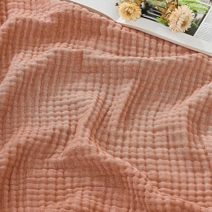 EMME Cotton Muslin Queen Blanket Bed Layering Breathable Gauze Blanket Soft Lightweight Blankets Adults (Orange Red, 90"x90")