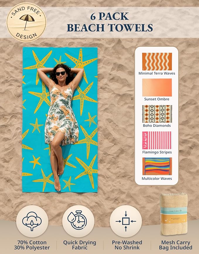 LANE LINEN Pool Towels, Turkish Beach Towels Oversized Set of 6, Pre-Washed, No Shrink, Quick Dry Travel Towel, Beach Towel for Women, Absorbent & Sand Free Towel, 39"x71" - Sunset Tropics