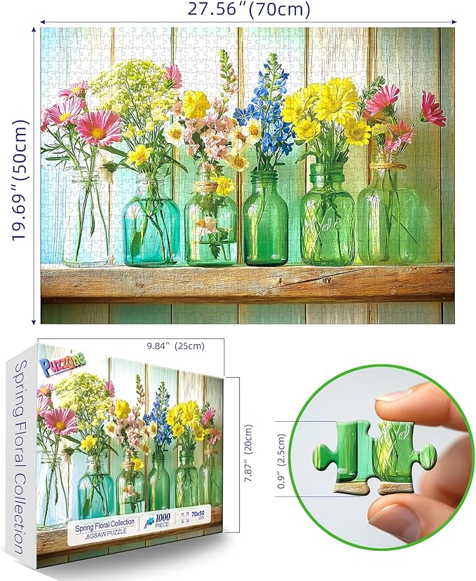 1000 Piece Puzzle for Adults Floral Glass Mason Jar Spring Garden Colorful Flowers Unique Adult Jigsaw Puzzles with Letters on Back Fun Adult Games for Game Night(27.6"x19.7")