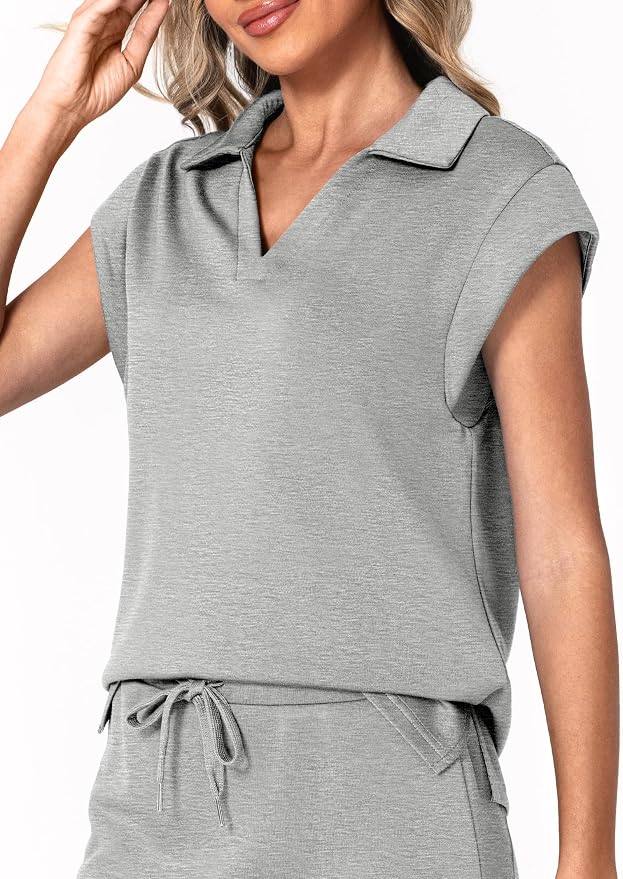 Casly Lamiit Womens Two Piece Skirt Sets Casual Cap Sleeve Lapel V Neck Tops Summer Travel Outfits Short Tennis Skort Set