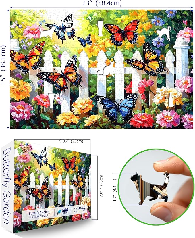 500 Piece Butterfly Garden Jigsaw Puzzle for Adults - 23x15 Inch Colorful Flower & Butterfly Art - Unique Home Decor Gift for Puzzle Lovers