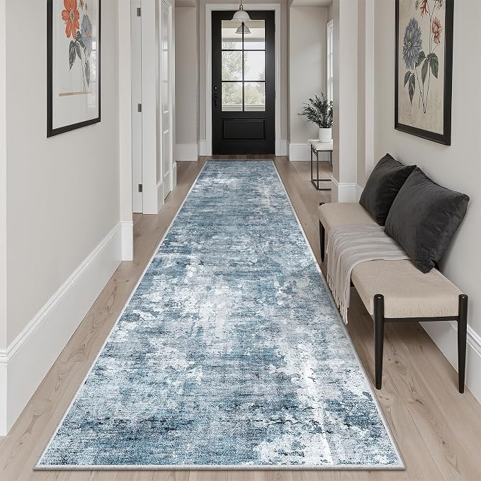 Soalmost Hallway Runner Rug 2'6" x 12' Kitchen Rugs Abstract Blue/Grey | Non-Slip Vintage Long Runners 2.5x12ft for Bathroom Entryway, Thin Low-Pile Foldable Floor Carpet Mat for Corridor Bedroom