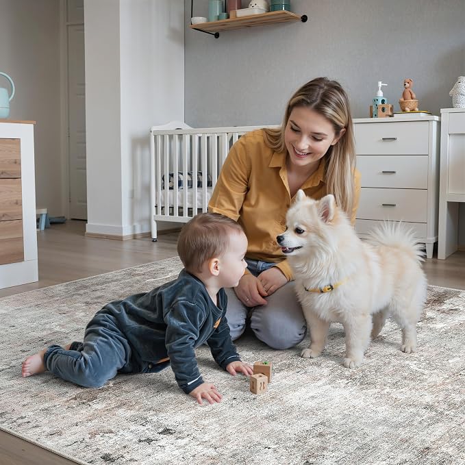 Soalmost Abstract Rug 8x10 Large Living Room Area Rugs Washable Pink/Grey | Modern Non-Slip Carpet for Dining Bedroom, Stain Resistant Foldable Thin Low Pile Floor Mat Under Table Home Office Decor