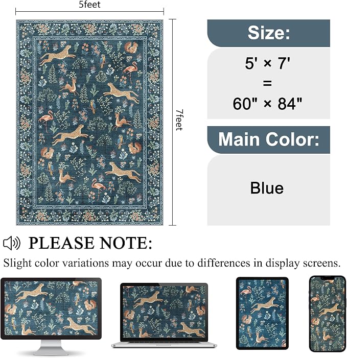 DUKINO 5x7 Area Rugs, Washable Animal Rug for Living Room Non Slip, Blue | Low Pile, Soft Indoor Carpet for Bedroom, Kids Room, Dining Room, Pet Friendly, Farmhouse, Stain Resistant, Non-Shedding