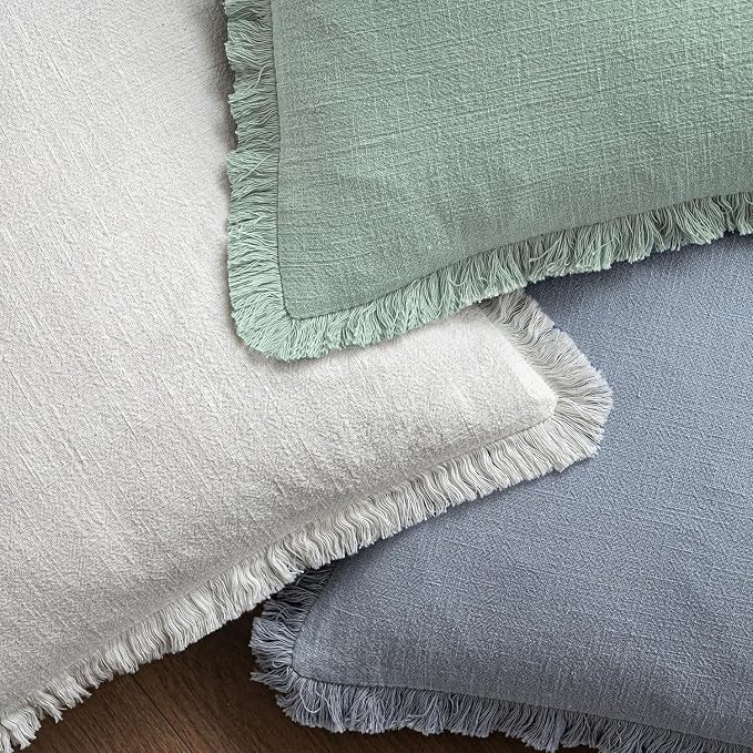 MIULEE Boho Linen Fringe Decorative Throw Pillow Covers Aqua Green 18x18 | Set of 2, Cottagecore Decor, Boho Farmhouse Neutral Pillow Covers, Rustic Couch Cushion Cases for Sofa Bed Living Room