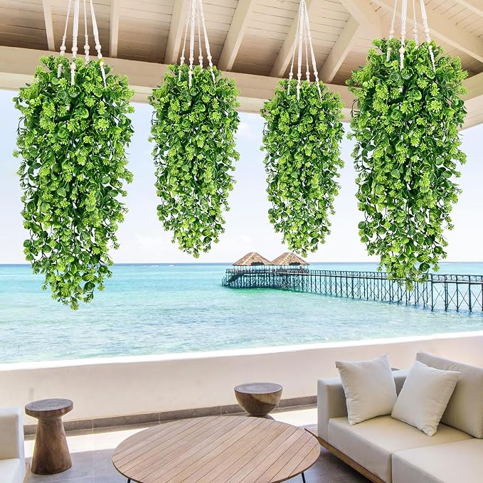 Waipfaru 4Pcs Fake Hanging Plants 3ft Fake Plants Vines Greenery | UV Resistant Faux Outdoor Plants Ivy Vines for Modern Boho Patio Outdoor Indoor Party Wall Porch Gazebo Aesthetic Decor