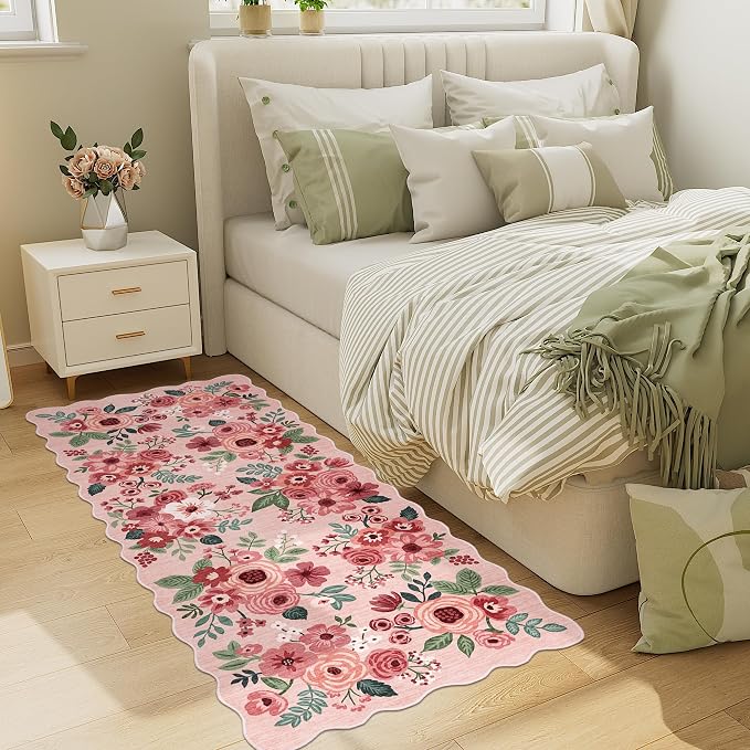 DUKINO 2x5 Washable Runner Rug, Floral Non Slip Rug for Kitchen, Pink | Soft, Low Pile, Non-Shedding Throw Rug Runner for Hallway, Entryway, Bedroom, Bathroom, Pet Friendly, Home Decor, Lightweight