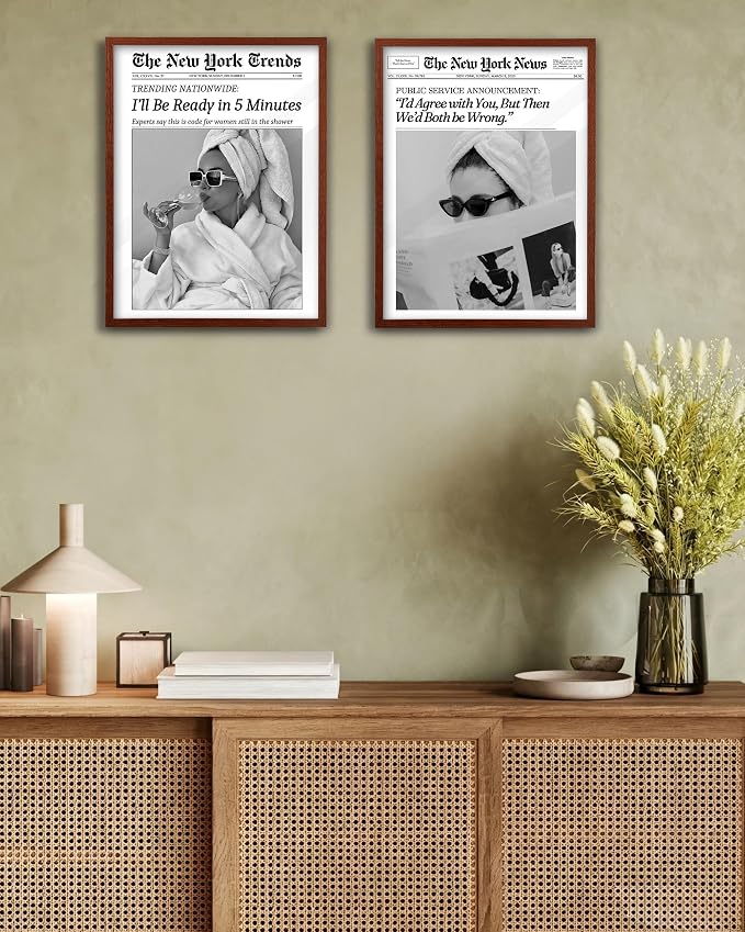 EcoHest 12x16 in I'll Be Ready in 5 Minutes Newspaper Framed Wall Art | Walnut Color Solid Oak Frame, Canvas Wall Art, Feminist Newspaper Wall Decor for Bathroom, Bedroom, Apartment, Dorm, 1Pack