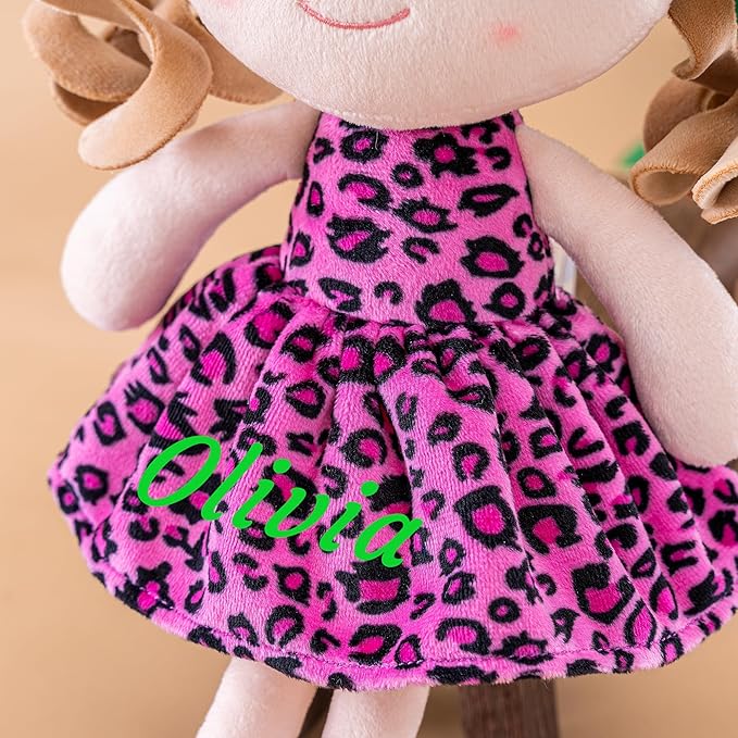 Gloveleya Personalized Baby Doll – Custom Name Plush Rag Doll 12” | Pink Leopard Dress | Birthday, Christmas for Girls & Toddlers