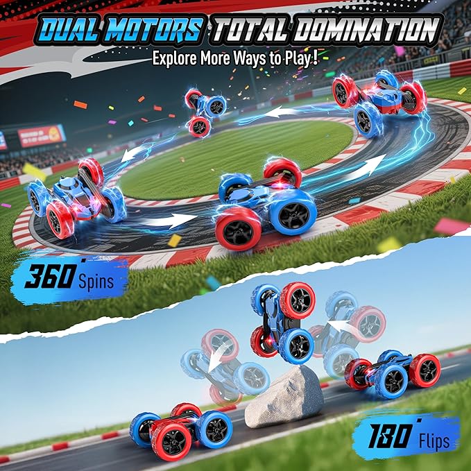 Remote Control Stunt Car for Boys, Upgraded 4WD 360° Rotating Racer with Lights, USB-C Rechargeable RC Toy Car 2.4GHz High-Speed for Kids Ages 6+ (Red-Blue)