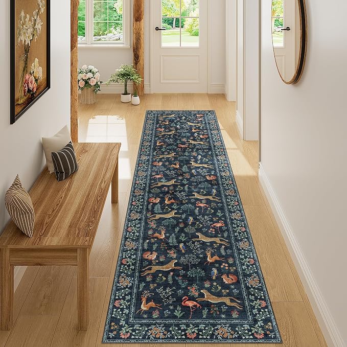 DUKINO 2x8 Washable Runner Rug, Non Slip Animal Kitchen Rugs, Navy Blue | Soft, Low Pile, Non-Shedding Indoor Carpet Runner for Hallway, Entryway, Bedroom, Bathroom, Pet Friendly, Stain Resistant