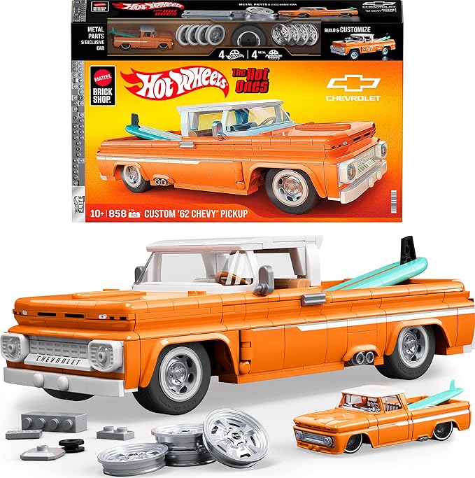Mattel Brick Shop Hot Wheels Elite Series Building Set, Custom '62 Chevy Pickup with 858 Pieces, Realistic Details and Custom Decals, for Adult Collectors and Kids from 10 Years, JFT20