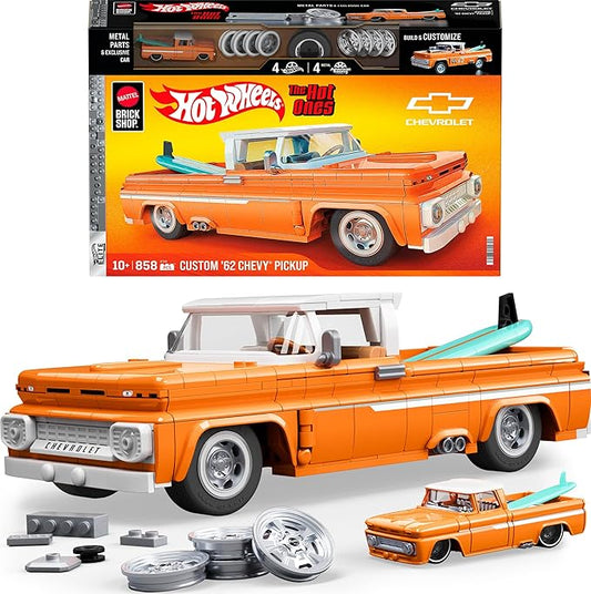 Mattel Brick Shop Hot Wheels Elite Series Building Set, Custom '62 Chevy Pickup with 858 Pieces, Realistic Details and Custom Decals, for Adult Collectors and Kids from 10 Years, JFT20