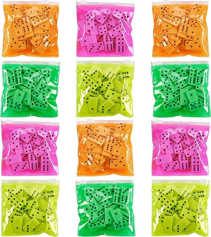 Domino Game Set Pack of 12 Each Bag includes 28 Pieces of Dominoes Set Comes with Colorful Bags Neon Pink Yellow Green and Orange - Awesome Party Favor, Educational Toys Adults & Teens