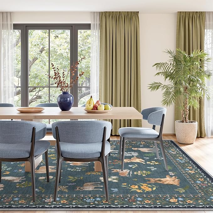 Soalmost Dog 8x10 Area Rugs for Living Room, Washable Soft Rug Navy Blue | Floral Vintage Non-Slip Low Pile Cute Animal Throw Large Rugs for Classroom Bedroom Dining Room Nursery Playroom 8' x 10'