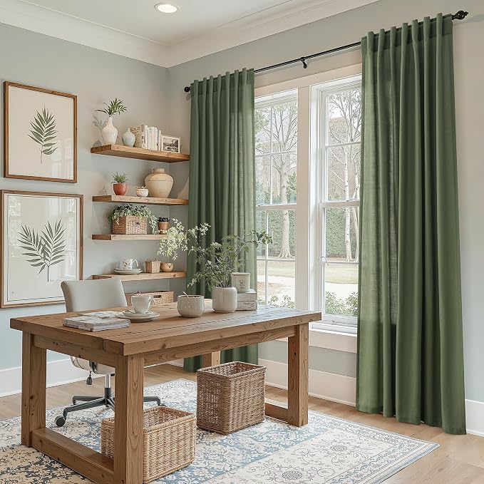 Nanspring Forest Green Linen Curtains 84 Inch Length 2 Panels Set for Living Room Light Filtering Semi Sheer Curtain Back Tab Rod Pocket Wabi Sabi Boho Decor Drapes for Bedroom Office 52x84