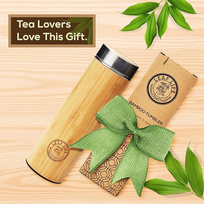 LeafLife Premium Bamboo 22oz Tea Bottle – Infuser Bottle – Insulated Coffee & Beverage Tumbler – Gift Set & Accessories