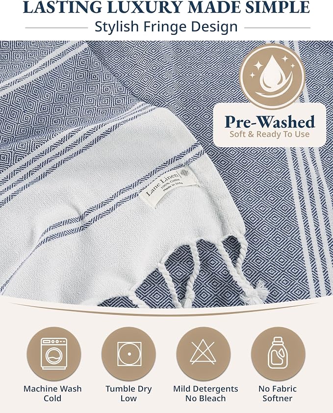 LANE LINEN Turkish Beach Towels, Extra Large Beach Towel, Pre-Washed for Soft Feel, Oversized Sand Free Quick-Dry Pool Towel, Beach Towels for Adults, 39"x71" - Navy Blazer
