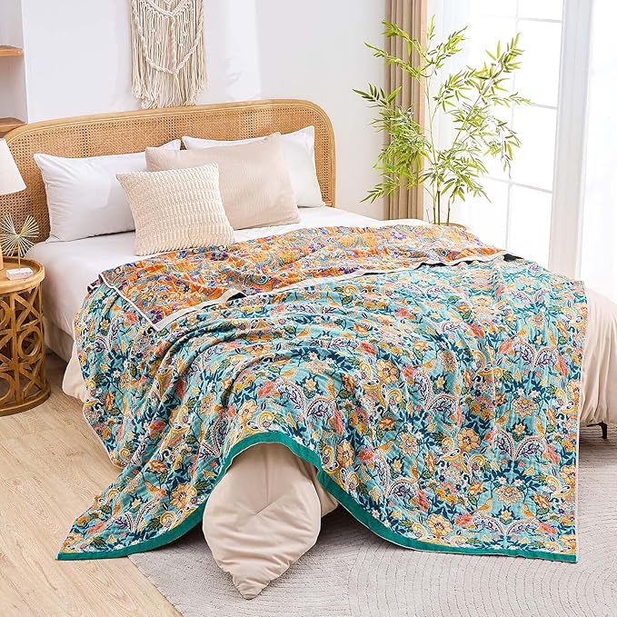 XIBLC Boho Blanket Throw Quilt, 100% Cotton Soft Light Weight Throw Blankets for Summer, 60"x80" Farmhouse Flower Decorative Blankets, All Season Rustic Reversible Bohemian Throw Quilt