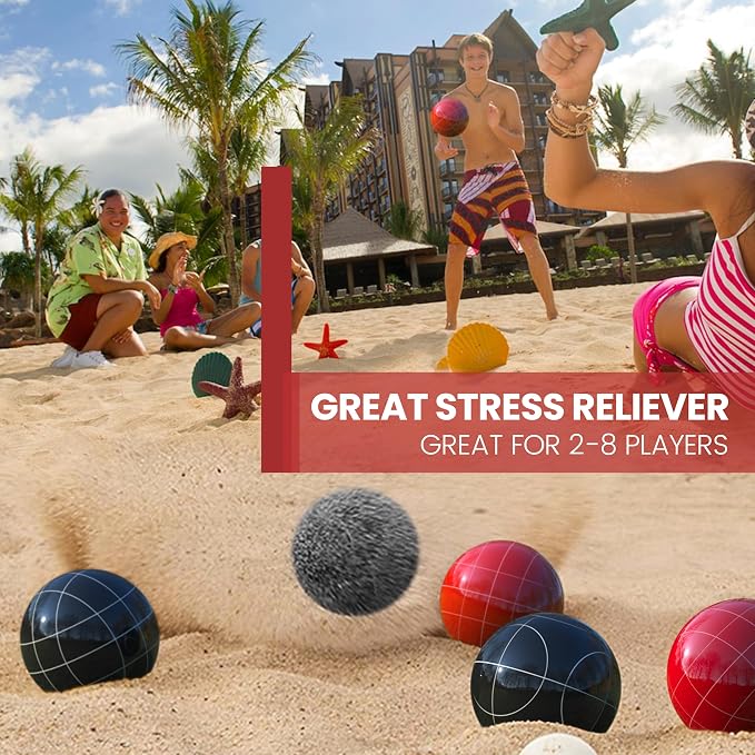 Bocce Ball Set 100mm Regulation Size and Weight for Lawn, Beach Bocci Game Sets for 2-8 Players (Red and Black)