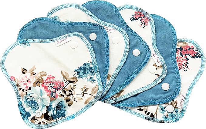 Lilind® 7 Pack Thong Pantyliners on Blue Flowers, Reusable Organic Cloth, Washable Menstrual Pads, Zero Waste 100% Cotton
