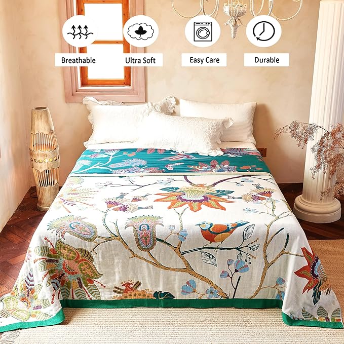 VANJOROY Boho Throw Blanket, 100% Organic Cotton Breathable Skin-Friendly Ultra Soft Bed Quilt Throw - All Season Floral Bird Farmhouse Décor Luxury Blanket for Sofa Couch Chair and Gift. 50" x 60"