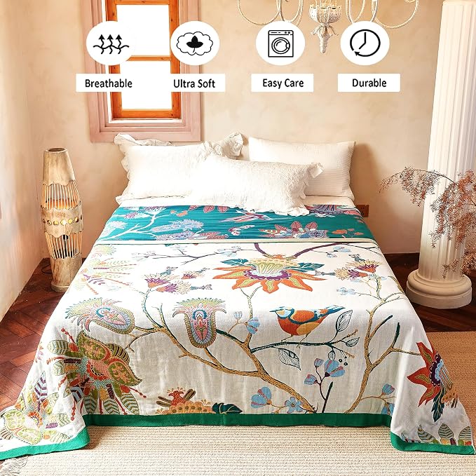 VANJOROY Boho Throw Blanket, 100% Organic Cotton Breathable Skin-Friendly Ultra Soft Bed Quilt Throw - All Season Floral Bird Farmhouse Décor Luxury Blanket for Sofa Couch Chair and Gift. 80" x 90"