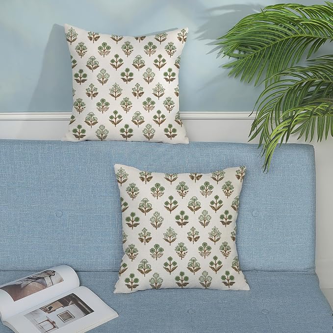 Farmhouse Floral Block Print Pillow Covers 18x18 Set of 2, Vintage Rustic Decorative Throw Pillows Modern Flower Cushion Covers for Sofa Couch Bed Living Room Home Decor, Sage Green Brown