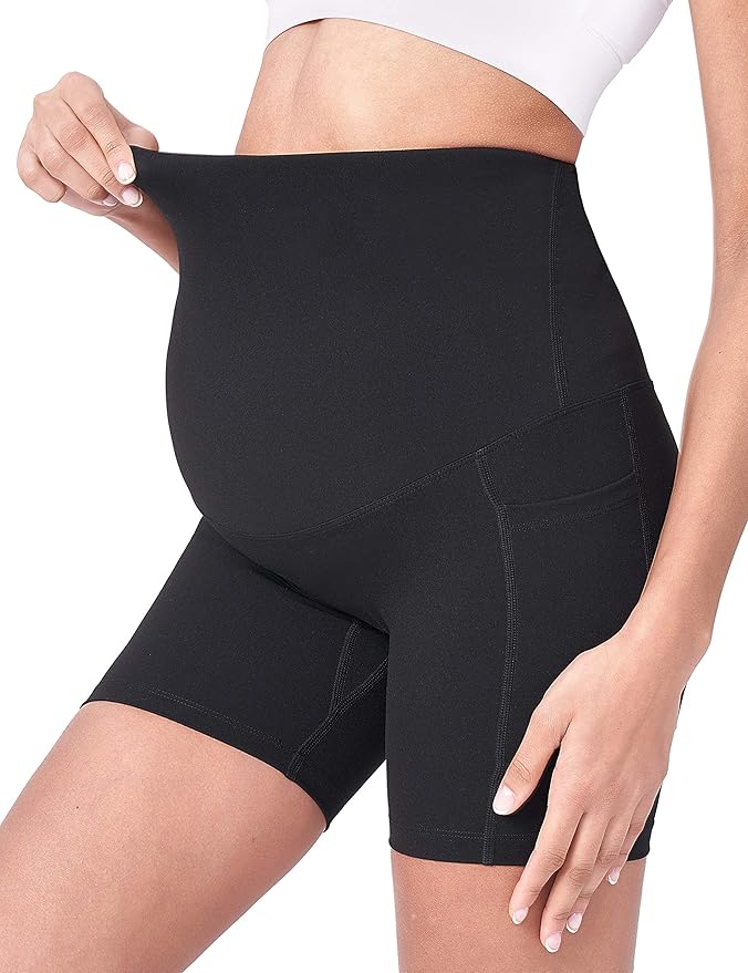 POSHDIVAH Women's Maternity Yoga Shorts Over The Belly Bump Summer Workout Running Active Short Pants with Pockets 5"/8"