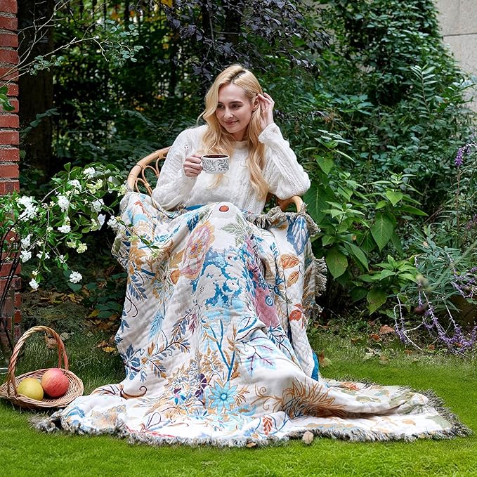 LUTBM Boho Throw Blanket for Bed 60"x80", All Season Cotton Couch Blankets | Reversible Floral Leaves Jacquard, All-Season Twin Lightweight Breathable Quilt, For Chair Sofa Bedroom Living Room Decor