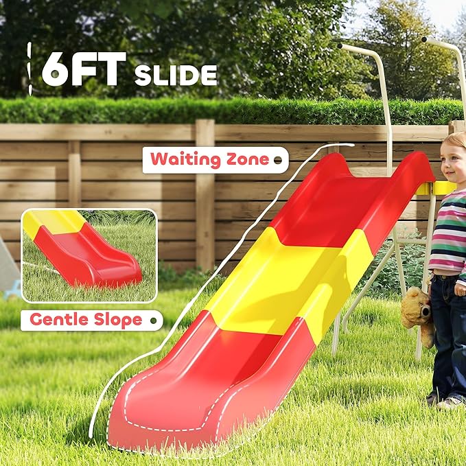 Qaba 6ft Slide for Kids, Metal Freestanding Playground Equipment with Climbing Ladder, Platform for Backyard, Outdoor, Indoor, Gift for Boys, Girls, Ages 3-8, Red