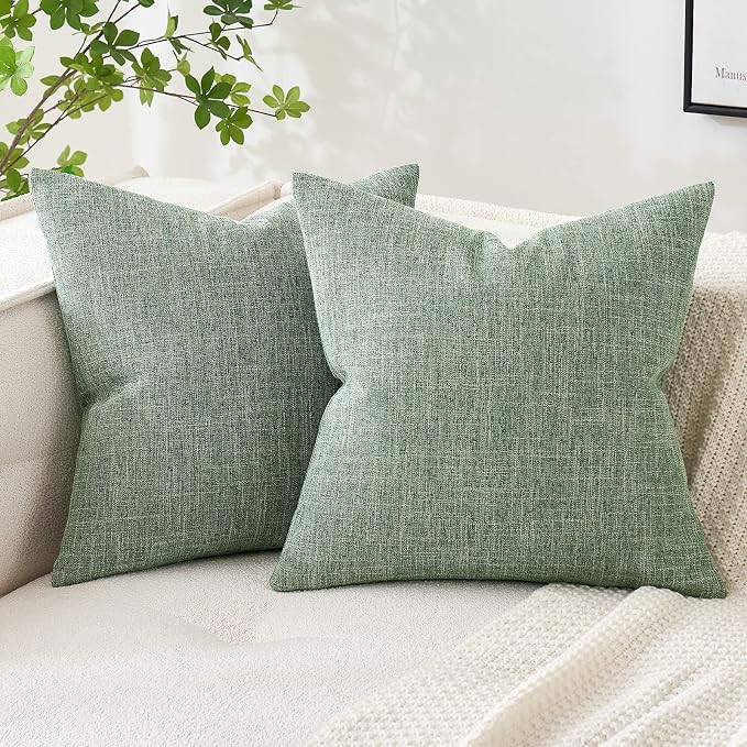 MIULEE Pack of 2 Decorative Linen Burlap Textured Pillow Covers Farmhouse Boho Accent Pillowcases Spring Home Decor for Couch Sofa Bedroom Living Room 20x20 Inch Sage Green