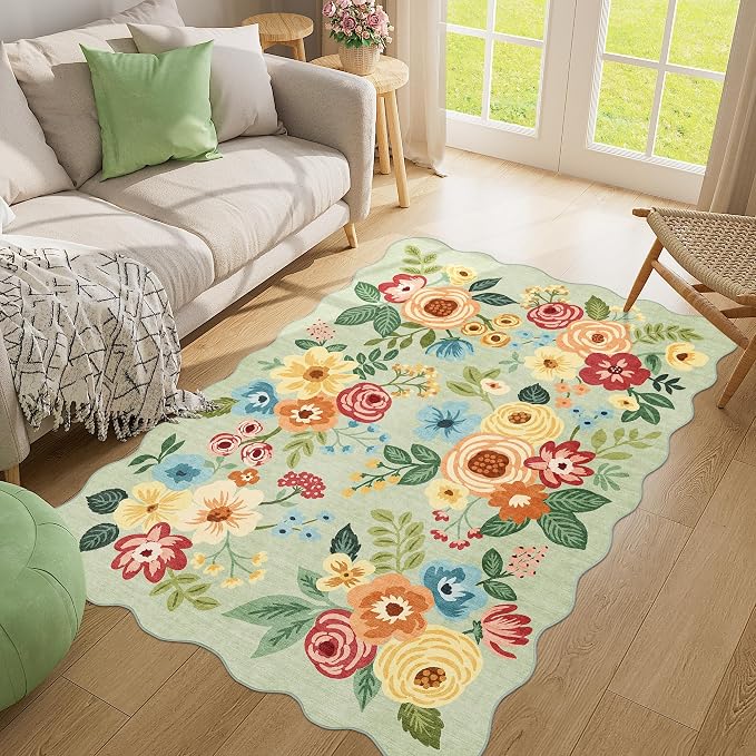 DUKINO 4x6 Area Rug, Non Slip Floral Washable Rug for Living Room, Green | Low Pile, Stain Resistant, Soft Throw Rugs for Bedroom, Office, Dining Room, Nursery, Pet Friendly, Home Decor, Lightweight