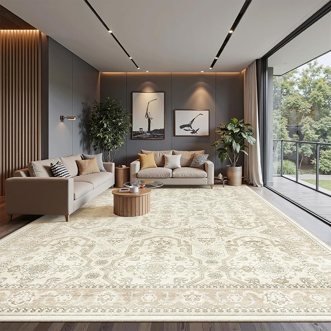 Soalmost 10x14 Area Rugs for Living Room Washable Rug Non-Slip Beige/Brown | Large Vintage Stain Resistant Carpet for Dining Bedroom, Low Pile Lightweight Foldable Floor Mat Nursery Home Office Decor