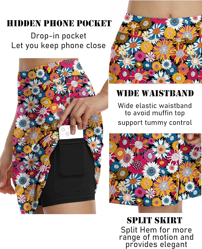 COOrun Women's 20" Knee Length Skirts High Waisted Golf Skorts with Pockets | Soft, Quick Dry, Split Hem, Built-in Shorts, A-line, Modest Skirts, for Golf Athletic Tennis Work Casual