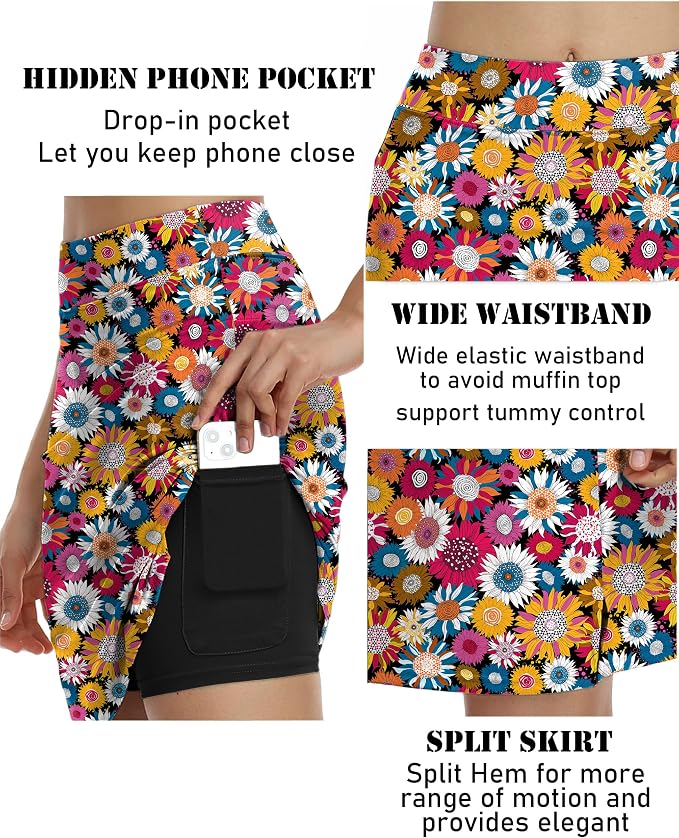 COOrun Women's 20" Knee Length Skirts High Waisted Golf Skorts with Pockets | Soft, Quick Dry, Split Hem, Built-in Shorts, A-line, Modest Skirts, for Golf Athletic Tennis Work Casual