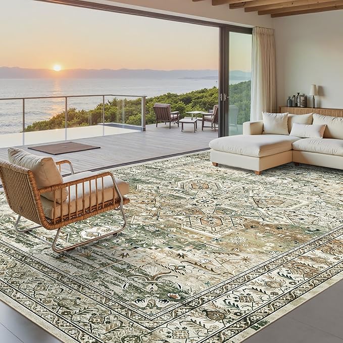 Soalmost Washable Area Rug 8x10 Large Soft Rugs for Living Room Olive Beige | Farmhouse Vintage Carpet Non-Slip for Dining Bedroom, Stain Resistant Low Pile Foldable Thin Floor Mat Under Table Home Decor