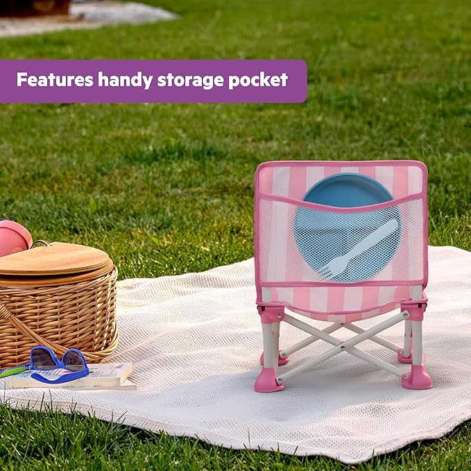 Bright Starts Pop 'N Sit Cabana Portable Booster Chair with UPF Canopy, Floor Seat for Indoor/Outdoor Use, Compact Fold, Pink, 6 Months–3 Years