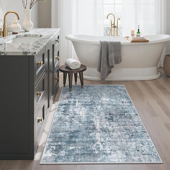 Soalmost Abstract 3x4 Rugs, Small Washable Area Rug for Entryway Blue/Grey | Vintage Low Pile Carpet for Nursery Coffee Table Bathroom, Foldable Stain Resistant Indoor Door Mat Entrance Powder Room