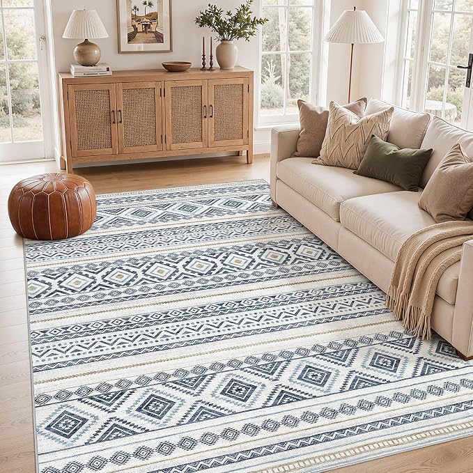 cotiled 6x8 Area Rugs Living Room Rug: Washable Boho Rugs with Non Slip Backing Large Soft Indoor Stain Resistant Carpet for Bedroom Farmhouse Dining Room Lightweight Home Decor Blue
