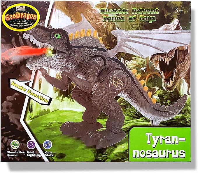 Geospace New Dragon Walking Dinosaur Toy – Smoke Breathing Fire Dragon Toy for Kids 3 & up, Walking Dinosaur Toys with Lights, Roaring Sound, Dragons Action Figure, Dragons for Gift (Icestorm)
