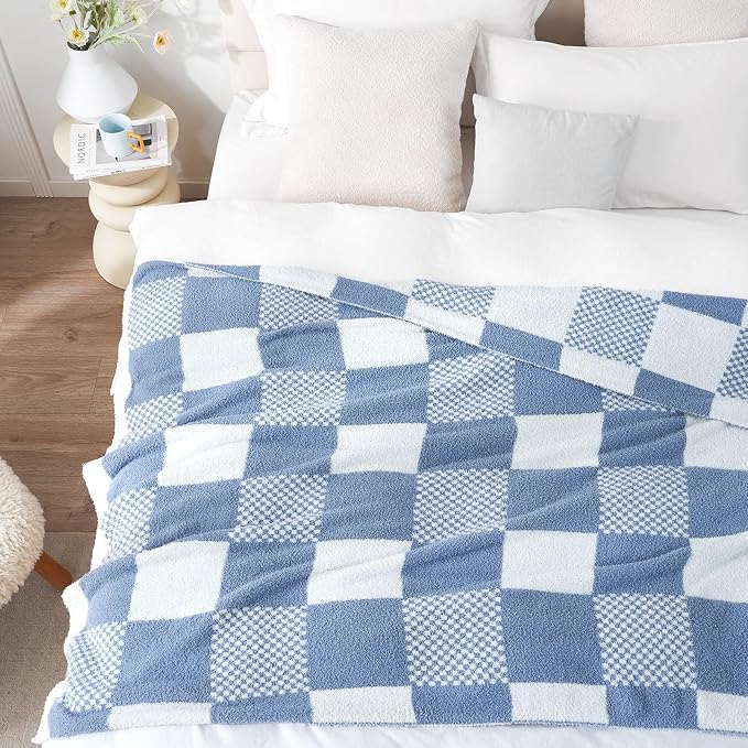 Snuggle Sac Checkered Blanket, Blue Throw Blanket for Couch Checker Microfiber Fluffy Warm Fuzzy Cozy Soft Throw Blanket Reversible Checkered Blankets for Sofa, Chair, Bed, 60x80 inches
