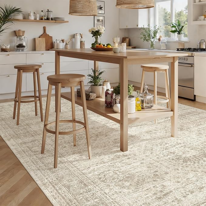 Soalmost 7x10 Area Rug for Living Room Washable Rugs Non-Slip Beige | Low-Pile Vintage Carpet for Dining Bedroom, Foldable Thin Stain Resistant Floor Mat Under Table Home Office Nursery Decor