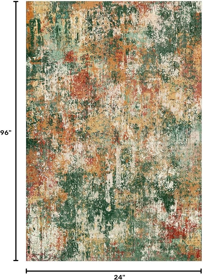 RELEANY Washable Area Rugs 2'x8' Non-Slip Modern Abstract Soft for Living Room Entryway Bedroom Kitchen, Print Pattern, Green Orange Rust Red Cream Colorful
