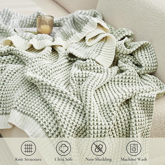 Knit Throw Blanket, Soft Chenille Cozy Breathable Pineapple Chunky Decorative Blanket for Couch, Bed & Sofa, French-Inspired Lightweight Warm Gift for Women, Sage Green, 50"x60"