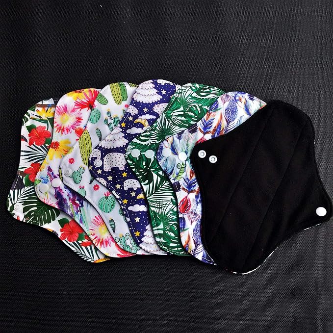 7PCS Pack Washable Cloth Pads Including 6PCS Heavy Flow Feminine Hygiene Bamboo Charcoal Cloth Mama Reusable Menstrual Pads Reusable Sanitary Napkins Pad + 1PC Mini Wet Bag
