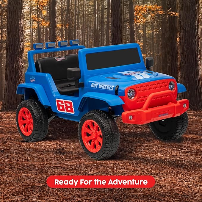 Hot Wheels - 12V Kids Ride On Jeep with Rechargeable Battery, LED Headlights, Press-Button Start, Durable Wheels, Forward & Reverse Drive, Contoured Seat