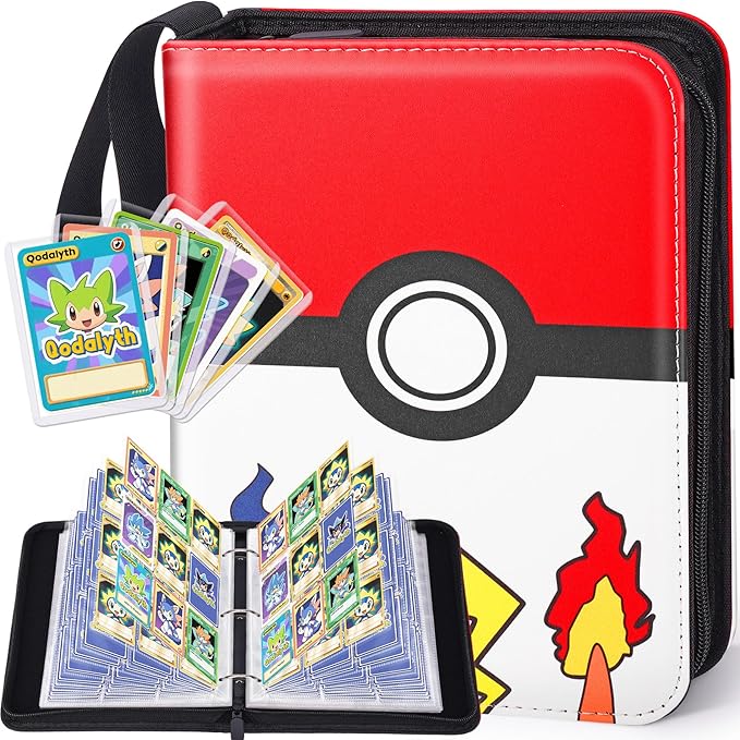 Card Binder – 9 Pocket Zipper Collection Album, Premium PU Holder, Double-Sided Display for 900 Cards, Includes 5 Hard Plastic Sleeves for Game Cards, Sports Cards（Cartoon Stickers）